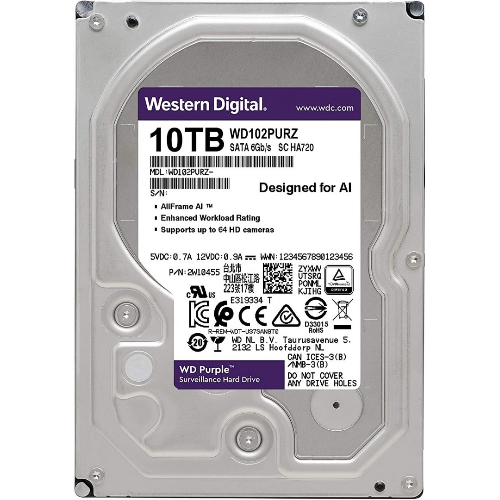 Western Digital WD Purple Pro 10TB 3.5 SATA 6Gb/s Surveillance Hard Drive, 7200 RPM, 256MB Cache, CMR Technology, Up to 272 MB/s Transfer Rate, Supports Up to 64 HD Cameras, AI Stream Support, Tarnish-Resistant Components