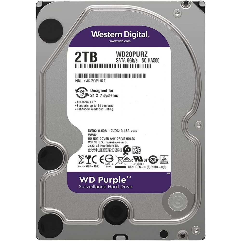 Western Digital WD Purple WD20PURZ 2TB 3.5 SATA 6Gb/s Surveillance Hard Drive, 5400 RPM, 64MB Cache, CMR Technology, Up to 145 MB/s Transfer Rate, Designed for 24/7 Video Surveillance
