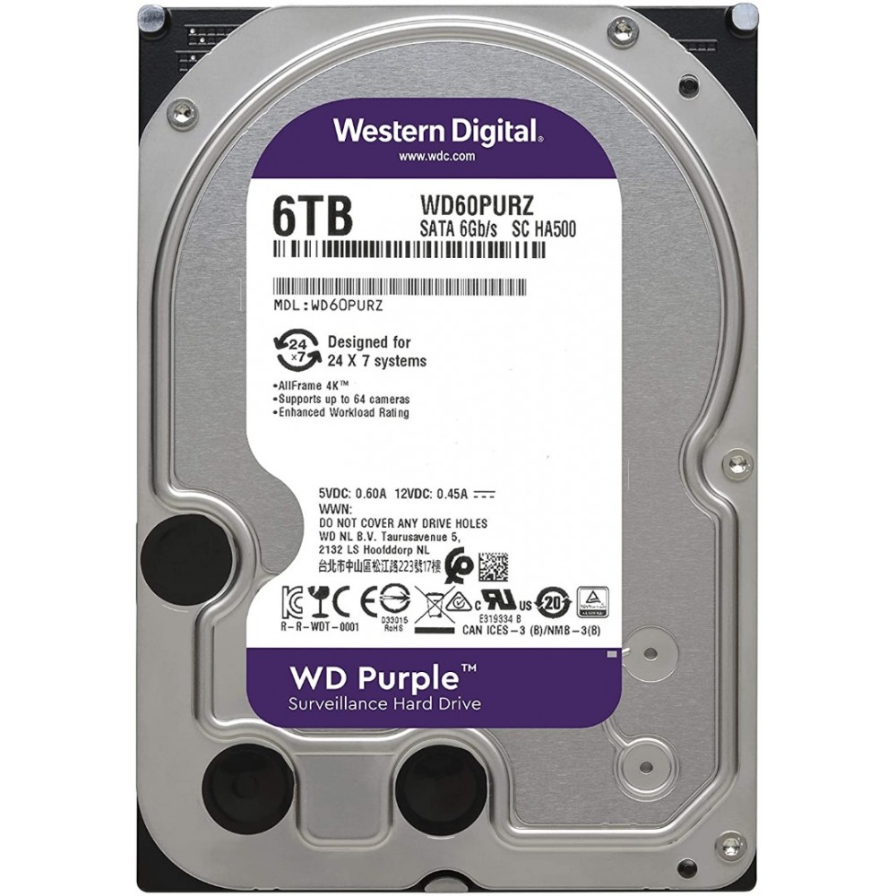 Western Digital WD Purple 6TB 3.5 SATA 6Gb/s Surveillance Hard Drive, 5400 RPM, 256MB Cache, CMR Technology, Supports Up to 64 HD Cameras, LDPC Error Correction, 1 Million Hours MTBF