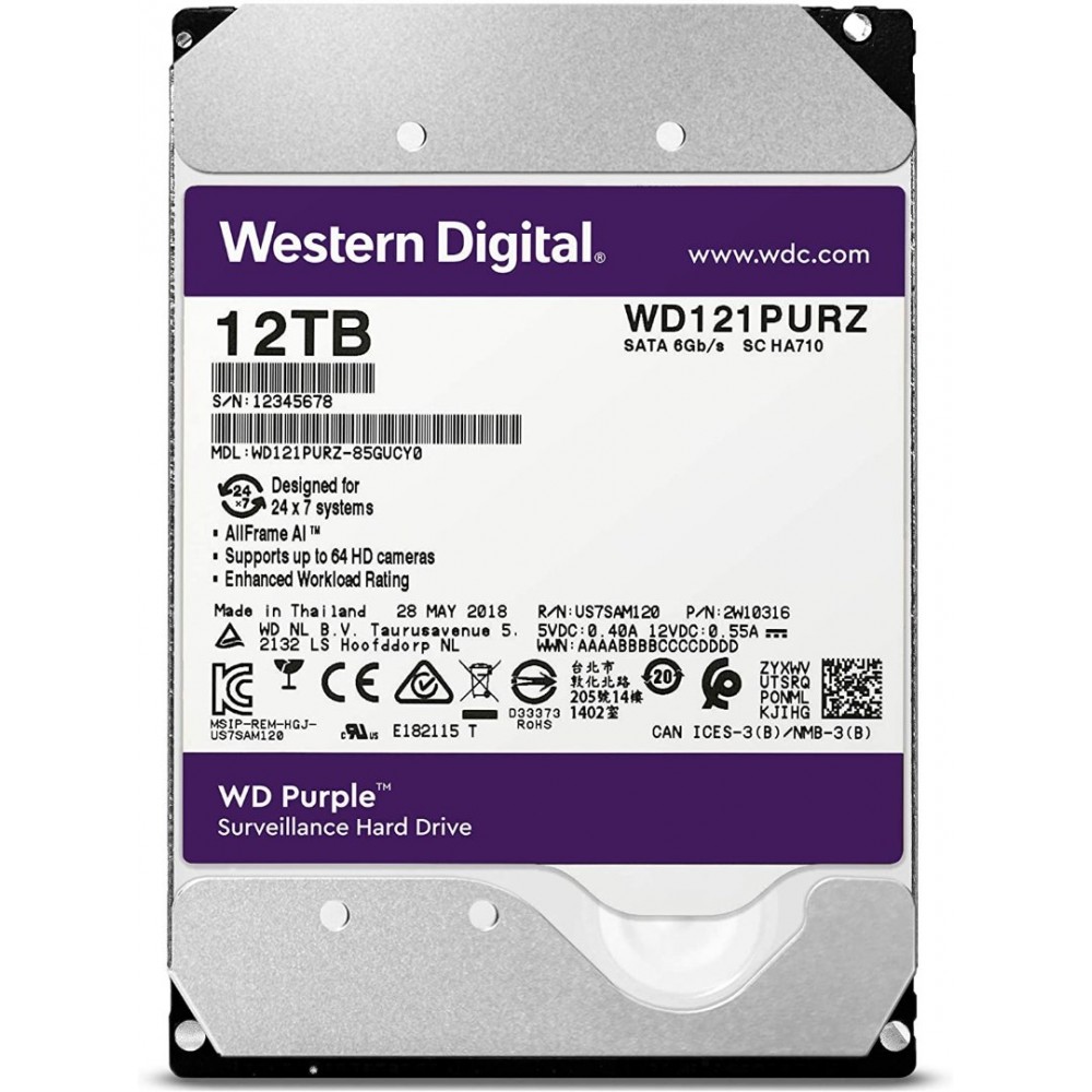 Western Digital WD Purple Pro 12TB 3.5 SATA 6Gb/s Surveillance Hard Drive, 7200 RPM, 256MB Cache, CMR Technology, Supports Up to 64 HD Cameras, Tarnish-Resistant Components, 550 TB/Year Workload