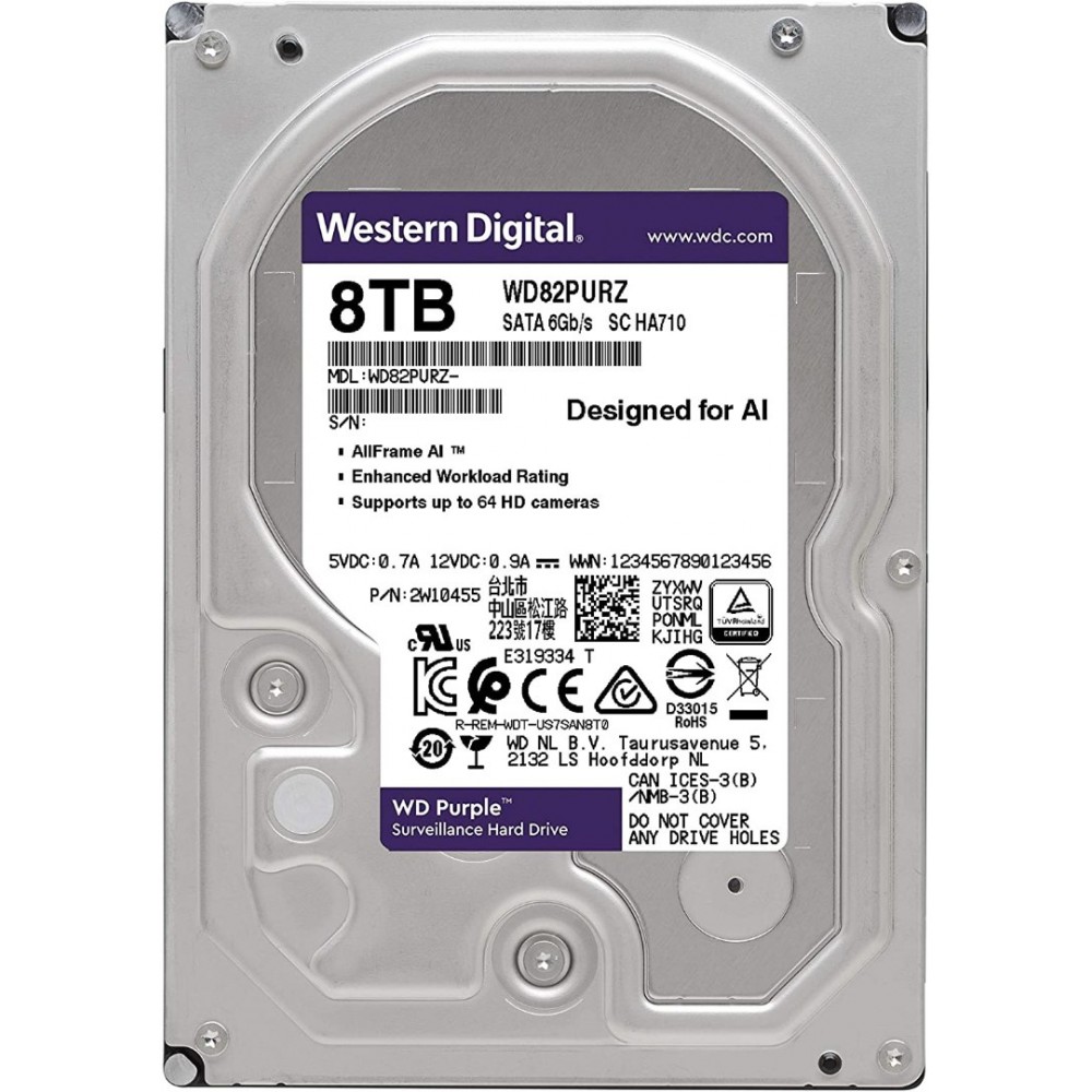 Western Digital WD Purple 8TB 3.5 SATA III Surveillance Hard Drive, 5400 RPM, 256MB Cache, CMR Technology, Up to 215 MB/s Transfer Rate, Supports Up to 64 HD Cameras, WD AllFrame Technology