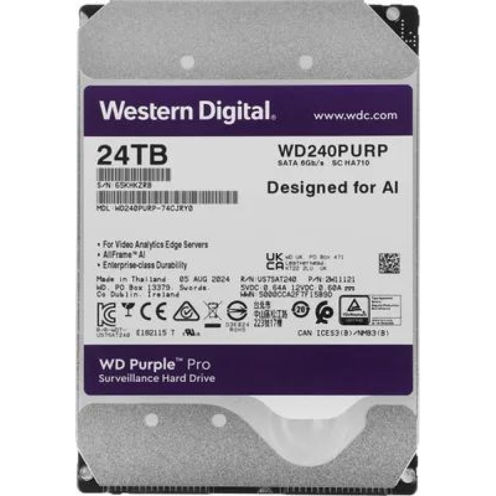 Western Digital WD Purple Pro 24TB 3.5 SATA 6Gb/s Surveillance Hard Drive, 7200 RPM, 512MB Cache, CMR Technology, Supports Up to 64 HD Cameras, AI-Enabled, Tarnish-Resistant Components, 550TB/Year Workload